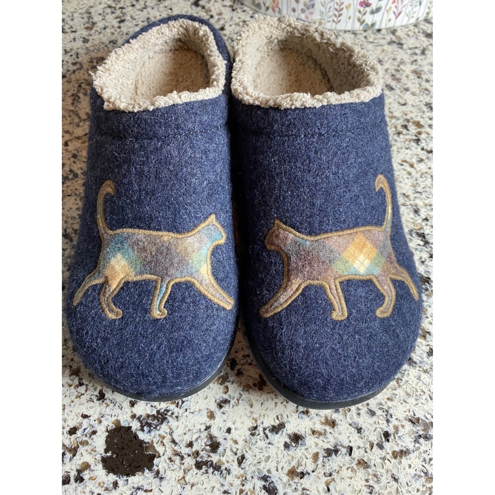 L.L.Bean Daybreak Scuffs Felted Wool Slipper Clogs Women 10 Navy Blue Plaid Cat